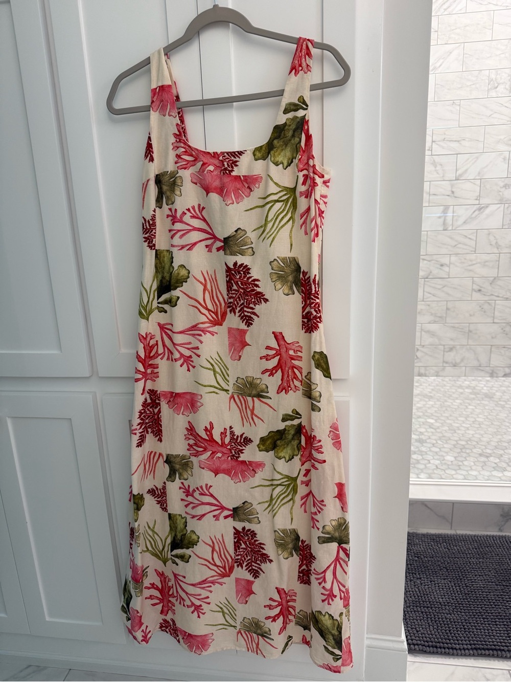 Anna Cate Minnie Midi Sleeveless Coral & Green Printed Linen Blend Dress
